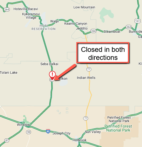 *CLOSURE* *PLEASE SHARE*

State Route 87 is CLOSED in both directions north of Winslow due to a crash at milepost 376.

Expect delays and seek an alternate route.

There is no estimated time to reopen the highway.

#aztraffic #SR87
