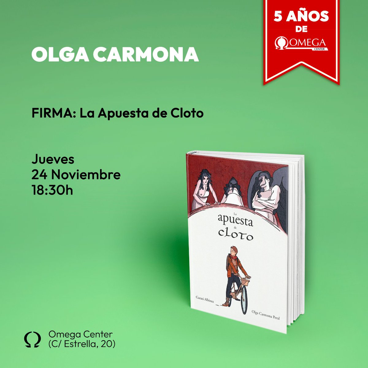 🚲 ¡Nueva firma! 🧹
¡La dibujante @Olga_CPeral estará en la tienda el próximo jueves 24 de noviembre a las 18:30h firmando su última obra, La Apuesta de Cloto (editada por <a href="/cosmicaed/">Cósmica Editorial</a>)!
Reserva tu plaza ya mandando un mail a eventos@otakucenter.es
#OmegaMovidas #OmegaCenter