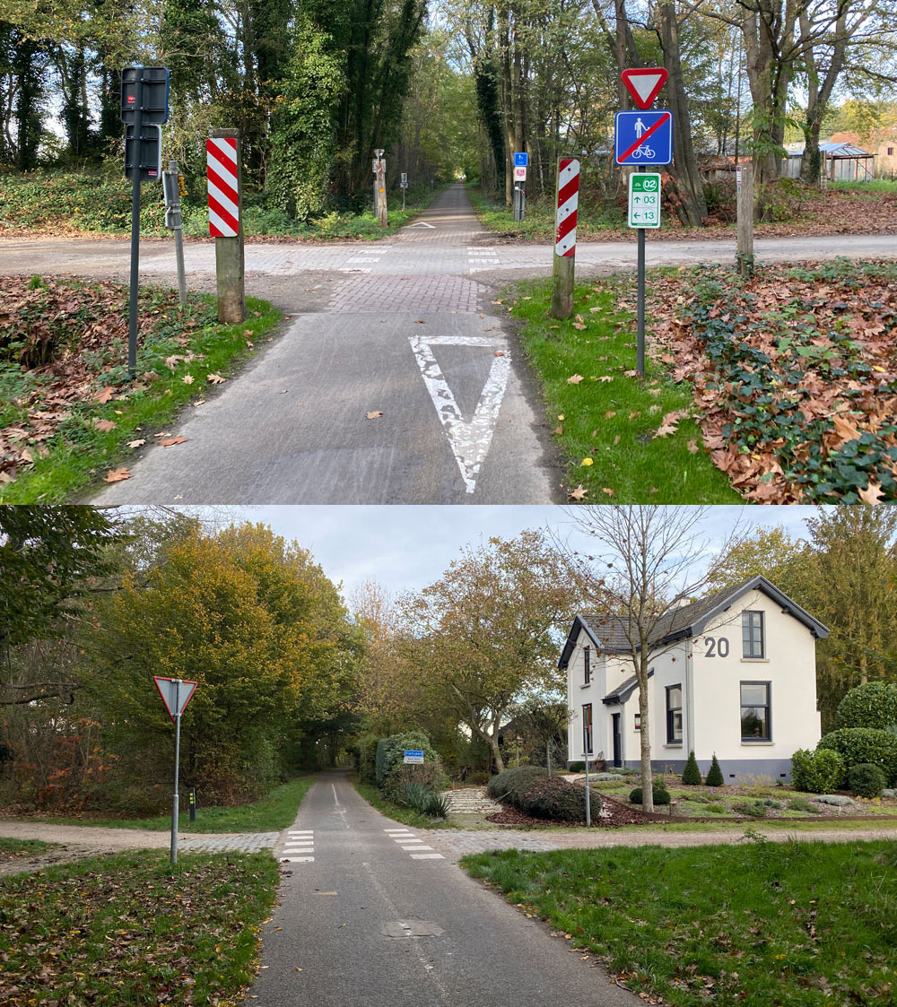 Cycling_Embassy's tweet photo. .@BicycleDutch observes a key difference on a cross-border cycle route:

 In Belgium (top), even the most minor crossing streets had priority over the cycle route.

In the Netherlands (bottom), priority on most minor crossings is given to the cycle route.

https://t.co/GyGMMeGv3G https://t.co/PxrG5Lg0Xe