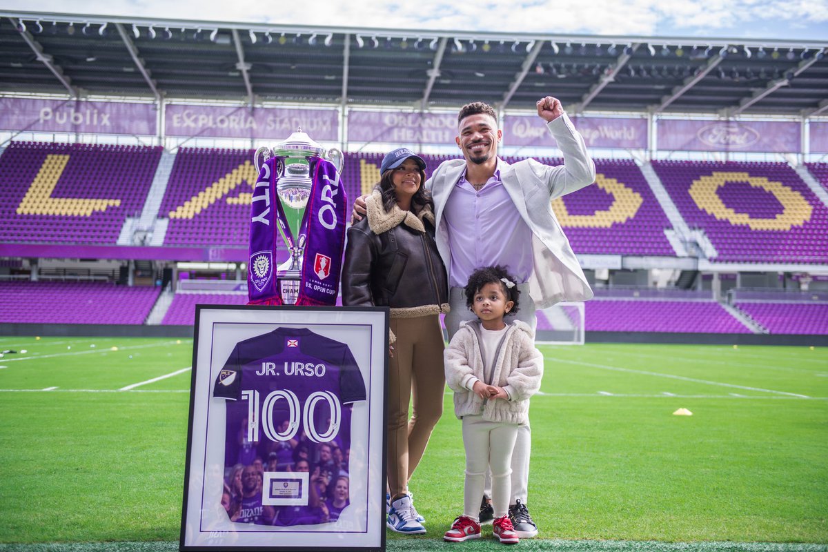 OrlandoCitySC's tweet photo. Forever our Bear 🐻 

Yesterday we celebrated @JrUrso's 100th appearance for the Club and all the memories we made along the way 💜

#ForeverALion🦁 https://t.co/LqOUK5ldjJ