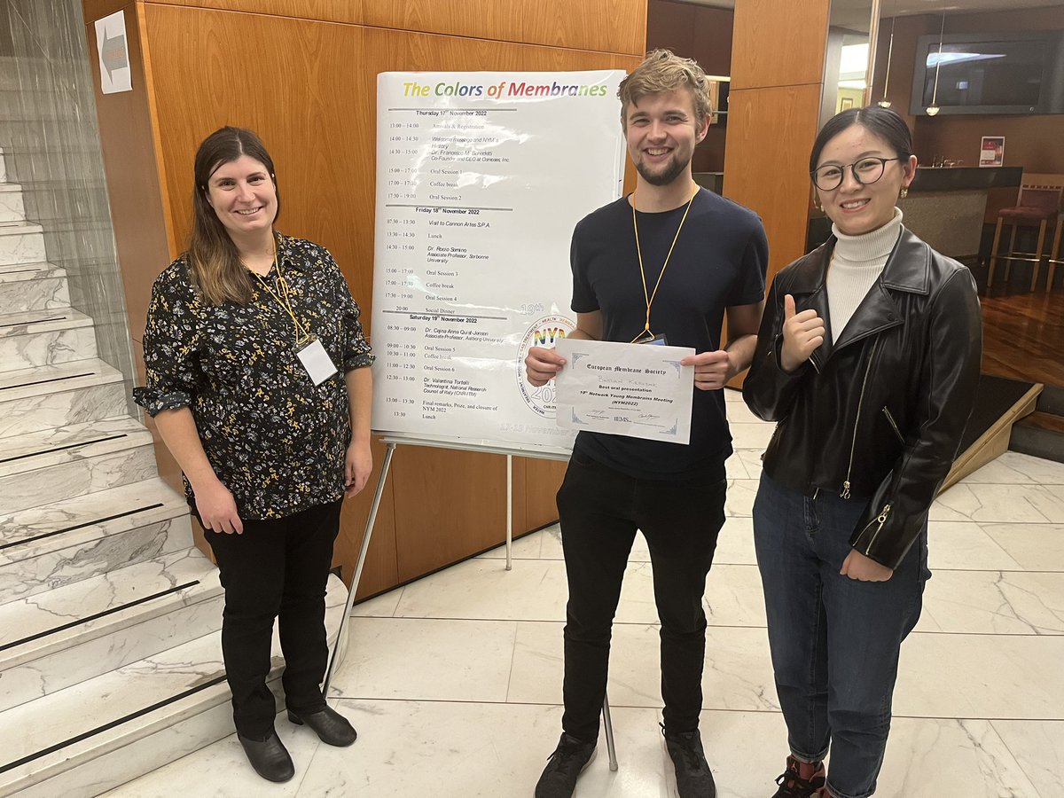 Cejna Quist-Jensen (@cejnaquist) on Twitter photo Today, I gave a keynote lecture on #membrane crystallization at the <a href="/NMembrains/">Network Young Membrains</a> conference. Thank you <a href="/itmcnr/">CNR - ITM</a> for organizing and inviting me to such a great meeting.
Congratulations to Bastian Kirkebæk, who won one of the prizes for best oral presentation 👏 Today, I gave a keynote lecture on #membrane crystallization at the <a href="/NMembrains/">Network Young Membrains</a> conference. Thank you <a href="/itmcnr/">CNR - ITM</a> for organizing and inviting me to such a great meeting.
Congratulations to Bastian Kirkebæk, who won one of the prizes for best oral presentation 👏