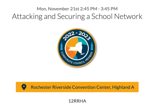 Our partner <a href="/ZelvinSecurity/">Zelvin Security</a> is bringing in an “Ethical Hacker” with experience attacking and securing school districts! During this session they will uncover vulnerabilities that could lead to a cyber-breach and strategies leaders can use to reduce risk. #NYSCATE22