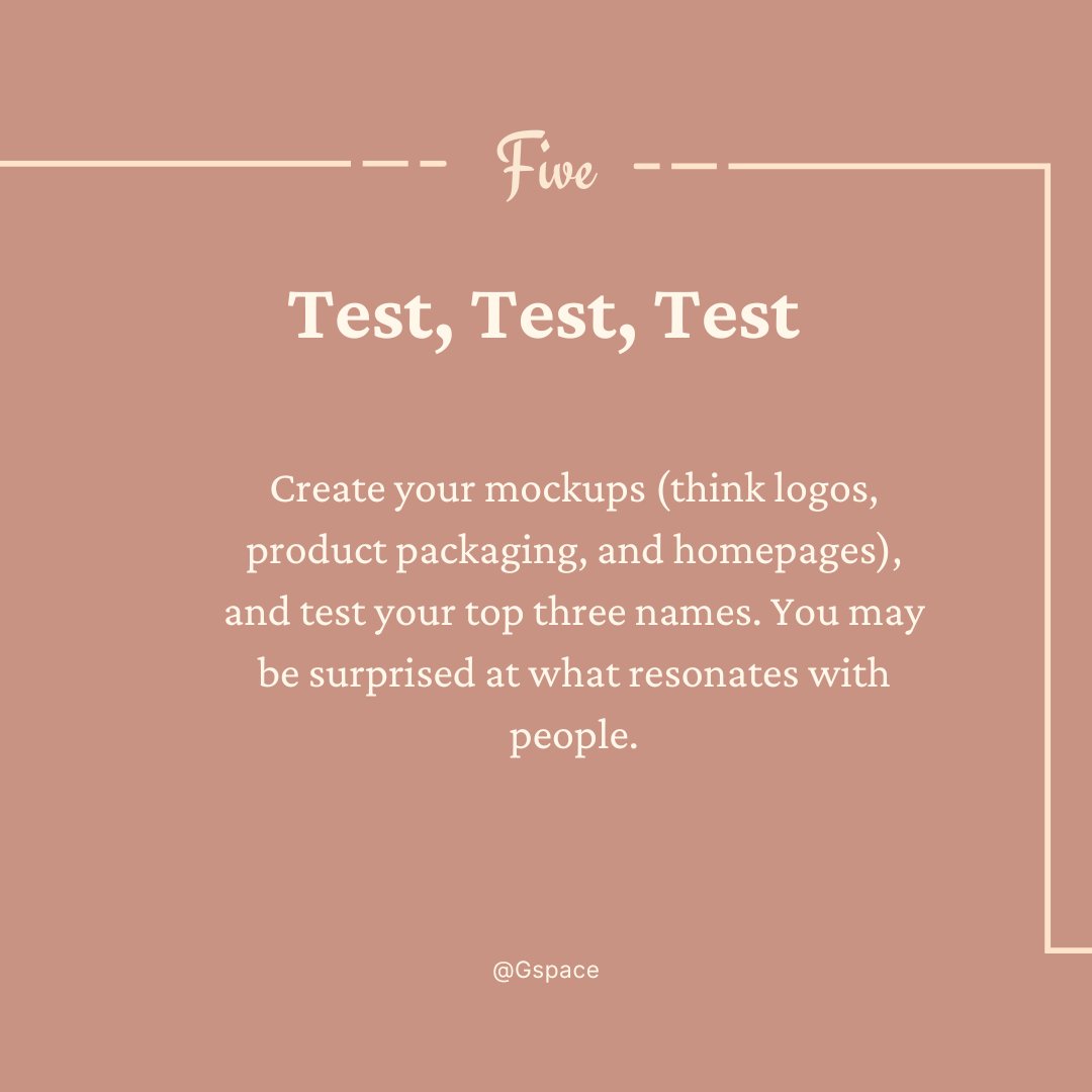 1stGspace's tweet photo. However, to create a brand that fits just for you, here are some of the simple steps in creating one. 

5 simple steps in choosing a brand name: 
❇︎ Articulate Your Brand Heart
❇︎ Look at Your Differentiators
❇︎ Brainstorm
❇︎ Vet Your Brand Name
❇︎ Test, Test, Test

#VA https://t.co/qmhwr4SrCF
