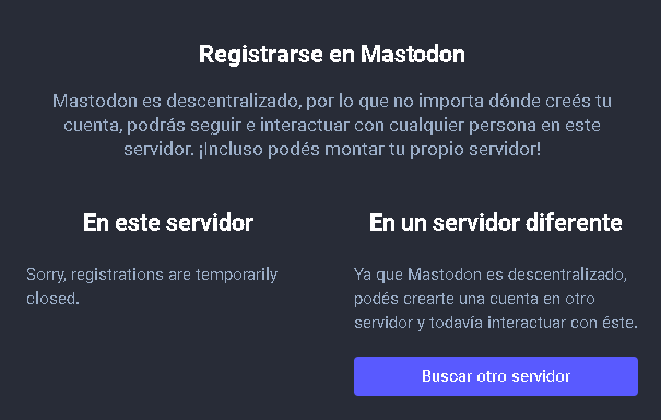 snunsan's tweet photo. Yo: voy a registrarme en uno cualquiera de los servidores de Mastodon. Como es distribuido es más robusto y fiable.

Uno detrás de otro, todos los servidores de Mastodon que busco: 😩 https://t.co/cAPgVcgnTi