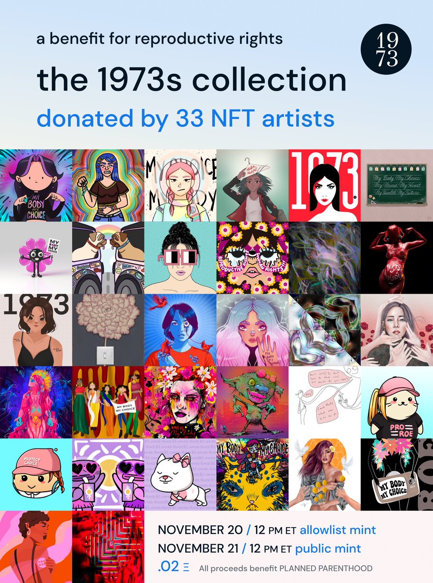 the1973s's tweet photo. #MINTUPDATE

Get ready, SIP + SUPPORT for @the1973s starts tomorrow! Grab your beverage of choice, mint + tweet your Proof of Support #the1973s

✦  32 artists: The 1973s Collection 
✦  1/1 art: My Choice by The 1973s
✦  6 volunteers + YOU #the1973_crew!

#1973sGiving 🍃🍁 https://t.co/UEGleNFmR5