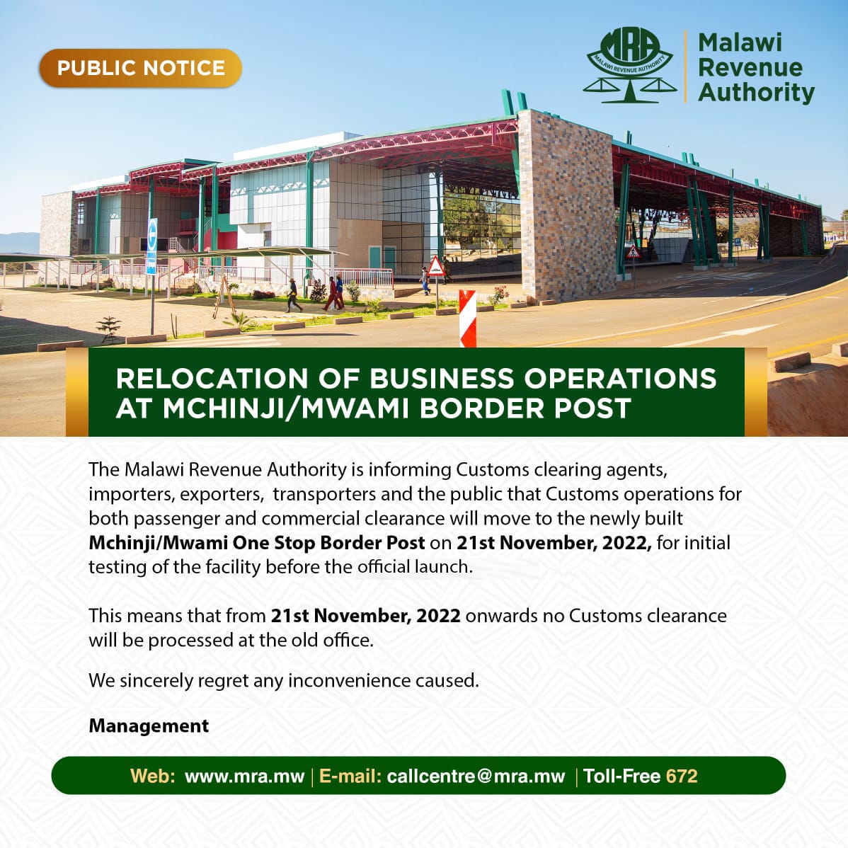 MRA_Malawi's tweet image. Relocation of business operations at Mchinji/Mwami One Stop Border Post  #OSBP #Malawi #Zambia