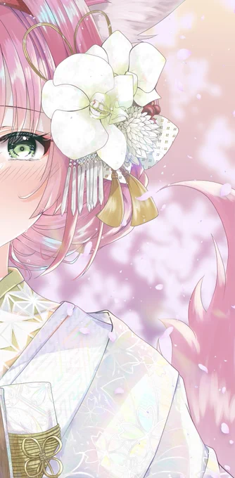 白無垢花月ちゃんチラ見せあとは周りにお花を描いて完成だーっ!表紙にするか中で見せるかめっちゃ迷う〜!!綿帽子の元気は無くなりました!!!!!!!!!他にも描き下ろしで描きたい花月ちゃんいるんだもん〜〜〜!!!!!!!(」°ロ°)」 