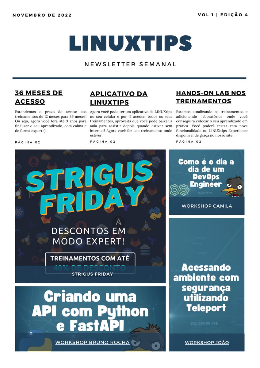 LINUXtipsBR's tweet photo. A nova edição da News LINUXtips já está no ar!!! Faça o download da nova edição em nosso site https://t.co/T8gwY1E56R
Corre que está cheio de novidades, inclusive um lançamento exclusivo para a #StrigusFriday: Workshops!!! https://t.co/FPhd6tqo9W