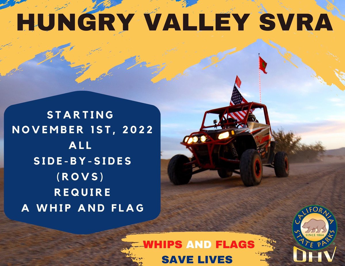 Recreating in the outdoors is fun, beautiful, and relaxing. Remember to stay to the right, share the trail, and slow down at blind intersections or cresting a hill. Be seen before you get there by installing a whip and flag on your side-by-side (ROV).
#hungryvalleysvra