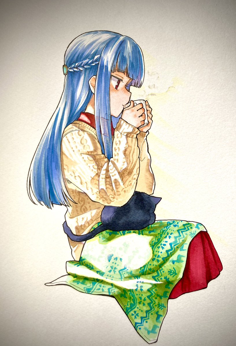 sajo yukimi 1girl cat blue hair cup long hair braid sitting  illustration images