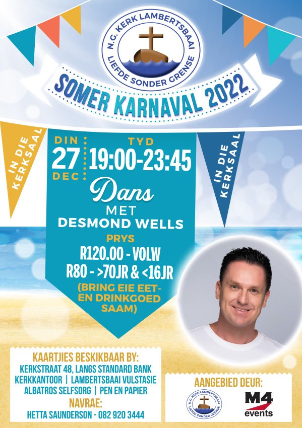 27 Desember dans ons saam met Desmond Wells in Lambertsbaai 
<a href="/desmondwellssa/">Desmond Wells</a>