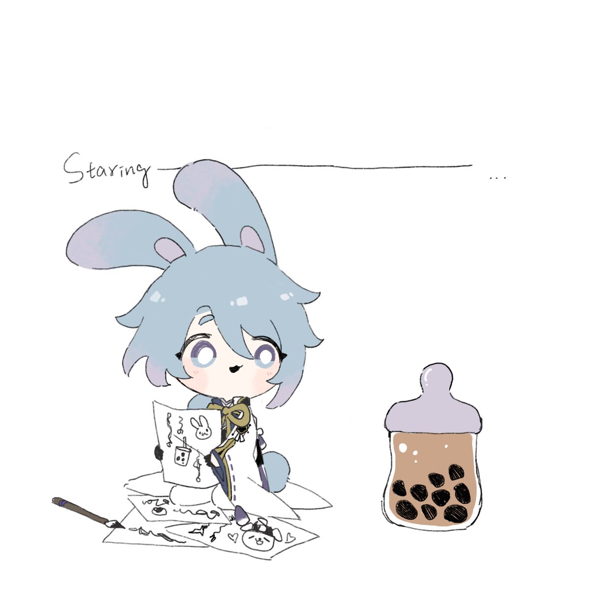 kamisato ayato bubble tea 1boy male focus blue hair animal ears rabbit ears solo  illustration images