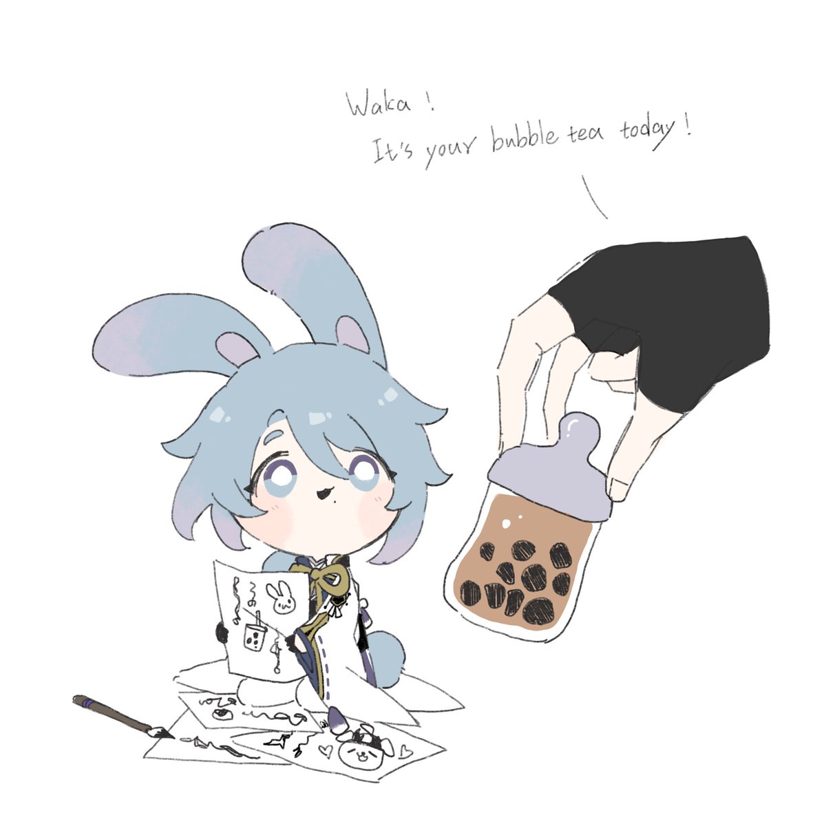 kamisato ayato bubble tea 1boy male focus blue hair animal ears rabbit ears solo  illustration images