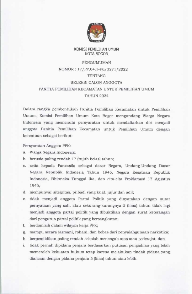 KPUKotaBogor's tweet photo. Pengumuman Kepada Masyarakat Kota Bogor Yang Kasep dan Geulis yang admin Sayangi dan Cintai, Berikut kami sampaikan Pengumuman Resmi Telah dibukanya Pendaftaran Badan Adhoc Panitia Pemilihan Kecamatan (PPK) Untuk Pemilu 2024. https://t.co/K3awrIjVVZ