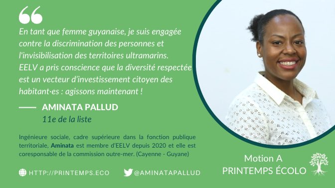 Printemps_ecolo's tweet photo. #CongrèsEELV
Numéro 11 de notre XV de France, voici @AminataPallud : Aminata Pallud habite Cayenne, en Guyane. Elle est ingénieure sociale, cadre supérieure dans la fonction publique territoriale.
Elle est coresponsable de la commission nationale thématique Outre-mer d’@EELV . https://t.co/HWChsAJdtG