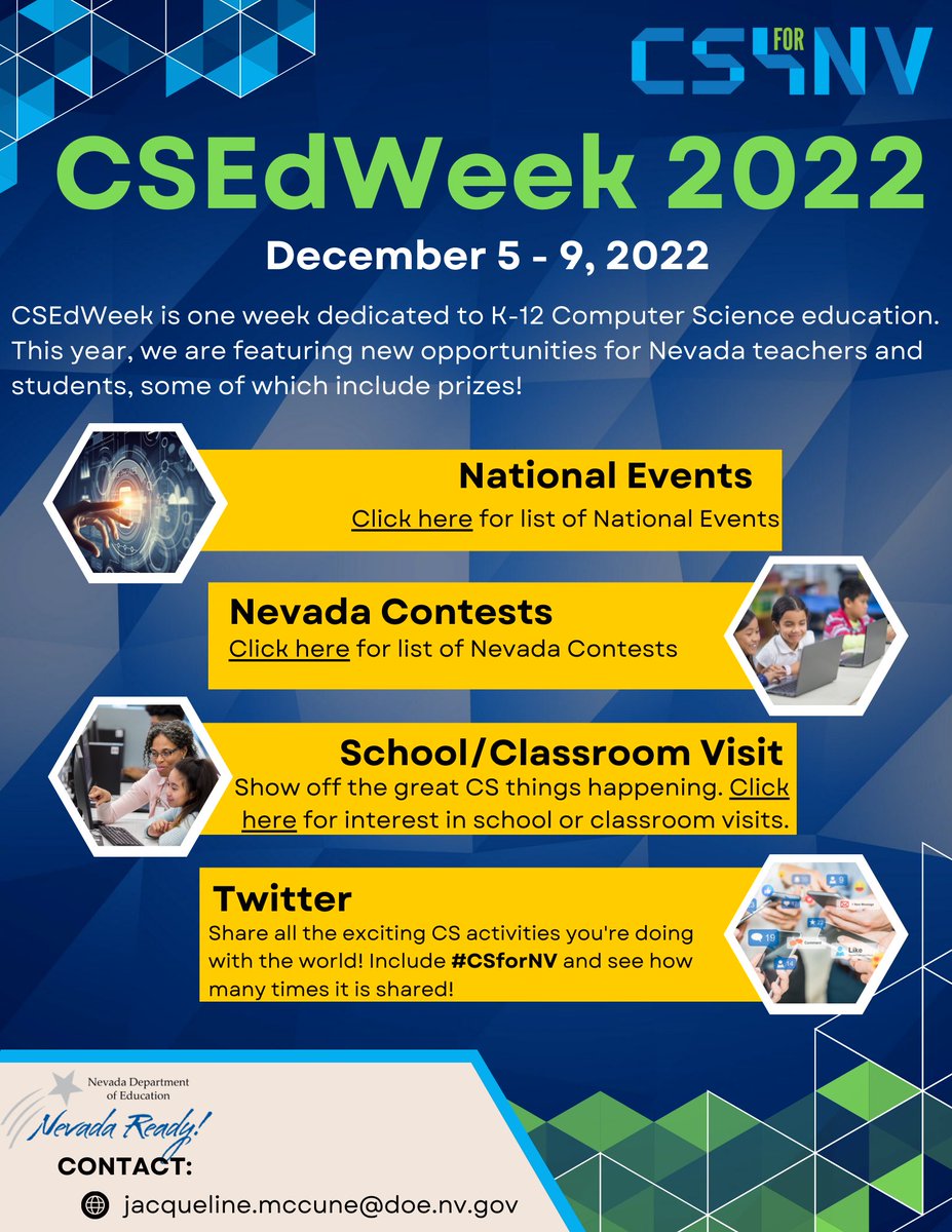 Computer Science Week is less about 3 weeks away! 

Nevada educators check out all these resources and maybe win some prizes! bit.ly/22csedweek #csfornv #nvside #nvdlc #weareWCSD #teachnvchat #nvside @DCSDEPICLearn @carsonschools #lyoncsd #EngageChurchillCSD  #nvtl2022