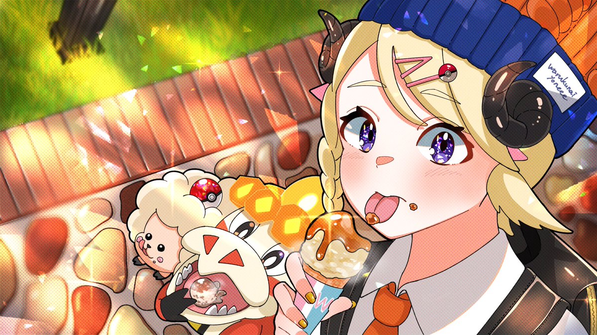 tsunomaki watame food blonde hair 1girl pokemon (creature) horns hat beanie  illustration images