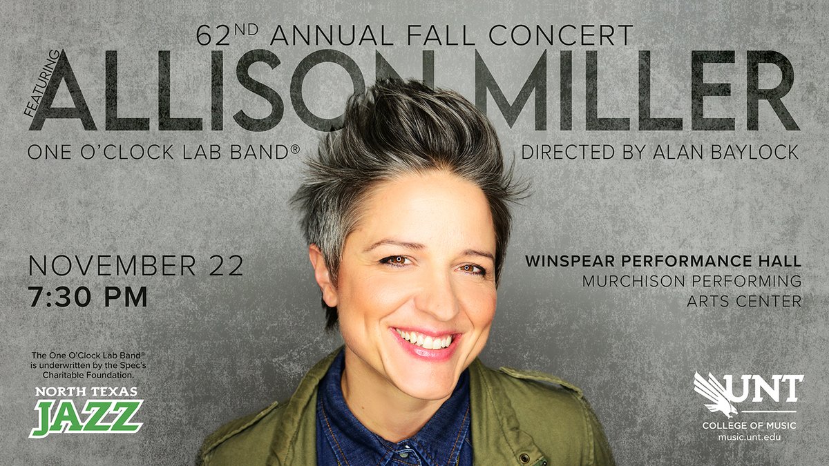 UNT College of Music (@untcom) on Twitter photo ONE O'CLOCK LAB BAND FALL CONCERT: Tuesday evening, Alan Baylock directs the <a href="/UNTsocial/">University of North Texas</a> <a href="/UNTOneOClock/">One O'Clock Lab Band®️</a> Lab Band's 62nd Annual Fall Concert with NYC-based drummer Allison Miller. Program and ticket links: tinyurl.com/UNTTheOne11222…. <a href="/alliboomboom/">Allison Miller</a> @JohnWRichmond2 <a href="/UNTnews/">UNT News</a> ONE O'CLOCK LAB BAND FALL CONCERT: Tuesday evening, Alan Baylock directs the <a href="/UNTsocial/">University of North Texas</a> <a href="/UNTOneOClock/">One O'Clock Lab Band®️</a> Lab Band's 62nd Annual Fall Concert with NYC-based drummer Allison Miller. Program and ticket links: tinyurl.com/UNTTheOne11222…. <a href="/alliboomboom/">Allison Miller</a> @JohnWRichmond2 <a href="/UNTnews/">UNT News</a>