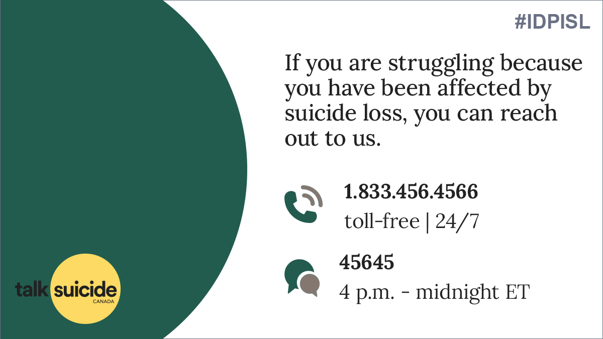 988Canada's tweet photo. Today is International Day for People Impacted by Suicide Loss, and we are holding everyone who has lost someone to suicide in our thoughts.
#IDPISL #ISOSLD https://t.co/IvZIPfvKHU