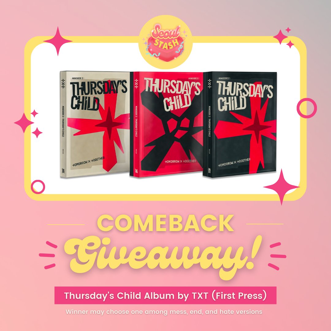 SeoulStashPH's tweet photo. #SeoulStash_Giveaway
🌟 TXT ALBUM GIVEAWAY 🌟
☁️ 1 lucky winner of a sealed first-press Thursday's Child album version of their choice!
☁️ must be following us
☁️ rt this tweet + pinned tweet
☁️ tag 1 bestie w/ #SSPHComeback 🫂
☁️ ends later, 5 PM!
Good luck, MOAs! 🤸🏻♀️🌈✨ https://t.co/yyQI9a3G53