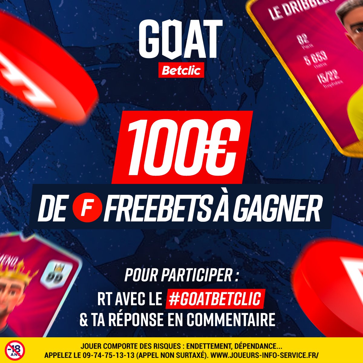 😎 On a besoin d'un crack... D'un #GoatBetclic ! Tu penses pouvoir aider la commu' à faire grimper la note de vos cartes ?

🔥 100€ de Freebets à gagner !

RT + devine le nombre de buts qui seront inscrits demain pendant la compétition avec le #GoatBetclic  pour participer 👊
