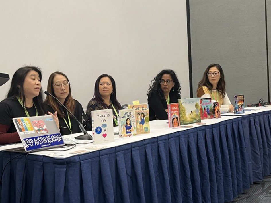 AMAZING panel session with Asian American children’s & YA authors @Sanyantani16 @DebbiMichiko @IWGregorio @misallaneous1 & @AndreaYWang! Excited to share their works with @COBB_ELA teachers!