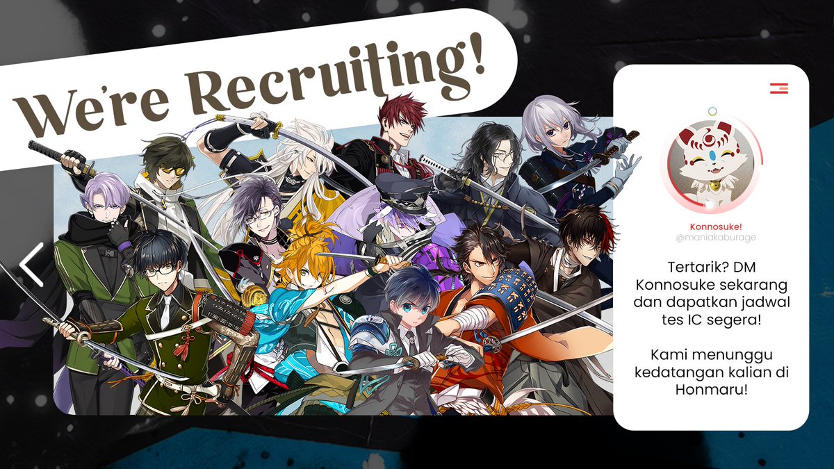 ㅤㅤㅤㅤ[ OPEN RECRUITMENT ]
ㅤㅤ
Waduh, tukang smithing honmaru minta libur... lagi. Ayo bantu dengan gabung ke TKRB RP LOKAL! 

Cukup DM Konnosuke dan tes IC, gampang~ Aturan dan ketersediaan karakter dapat dicek di carrd kami juga, Konno tunggu yaa ฅ^•ﻌ•^ฅ
ㅤㅤ
