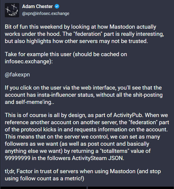vxunderground's tweet photo. Security researcher @_xpn_ found a way to manipulate Mastadon to appear as if they have 99,999,999 followers.

Account: https://t.co/1YtdVnwjPp

See attached images for more details https://t.co/c7CToXjWe5