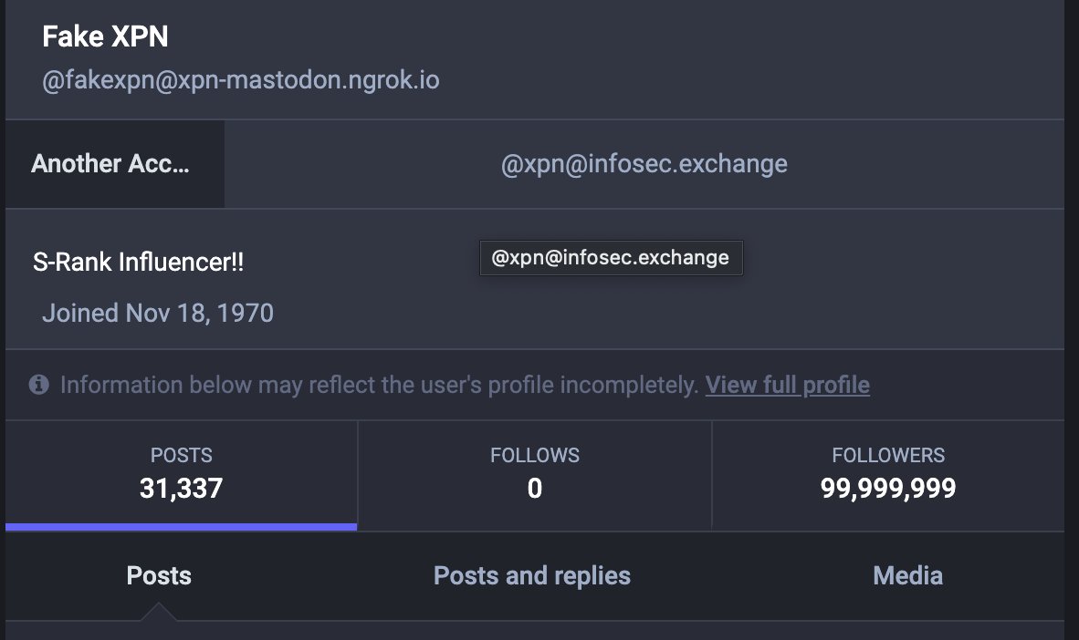 Security researcher <a href="/_xpn_/">Adam Chester 🏴‍☠️</a> found a way to manipulate Mastadon to appear as if they have 99,999,999 followers.

Account: infosec.exchange/@fakexpn@xpn-m…

See attached images for more details