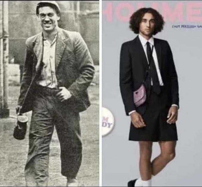 England centre forwards. 
60 years apart. 
On the left is Nat Lofthouse of Bolton Wanderers and England
on his way from the day job he had in spite of being a footballer. On the right is Dominic Calvert-Lewin of Everton and England in a girls’ school uniform