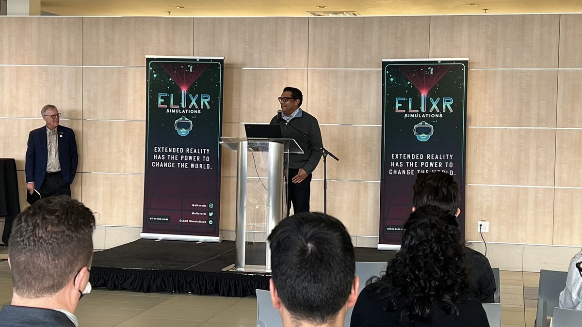 elixrsim's tweet photo. Reg Joseph, CEO @HealthCities sharing his thoughts on transformational opportunities through #XRVR in Alberta’s post secondary institutions thanks,in part, to the work undertaken by @elixrsim https://t.co/MrYT01A8Ik