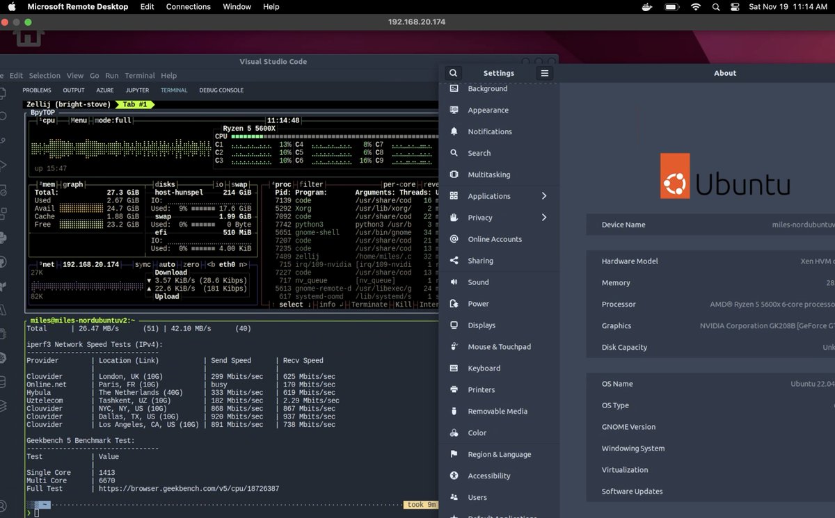 milsman2's tweet photo. Almost #endgame for my main #DevOps. #MacBookAir #M1 as a #thinclient for #desktop #vm on @xenorchestra. Trying distros, but for now:
- OS: #Ubuntu
- Shell: #zsh
- Framework: @ohmyzsh
- Workspace: @Zellij_dev
- Monitoring: #bpytop
Bonus points for #gpu #passthrough
#homelab https://t.co/1sbi117CvU