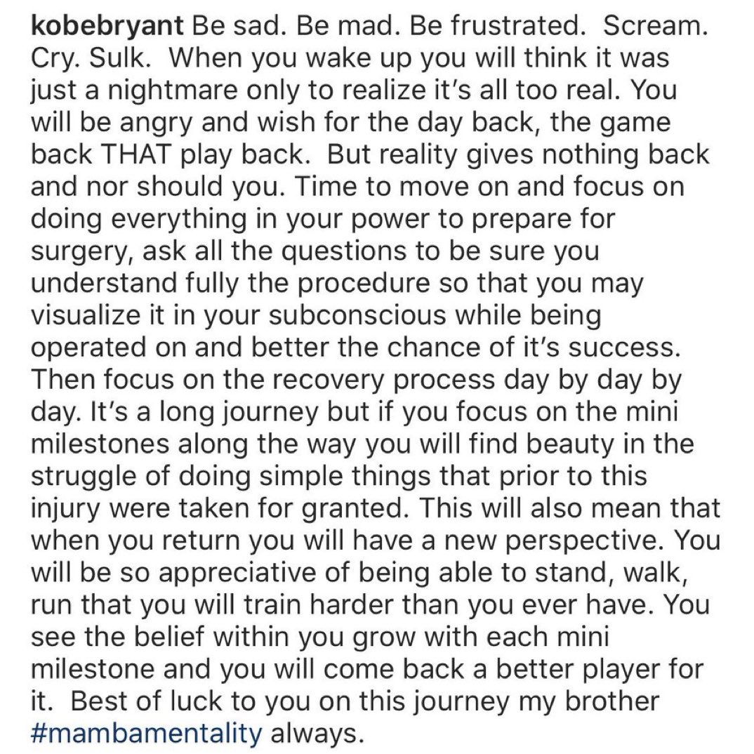 Spot-on advice from Kobe on dealing with a major injury! #NeverQuit #MambaMentality