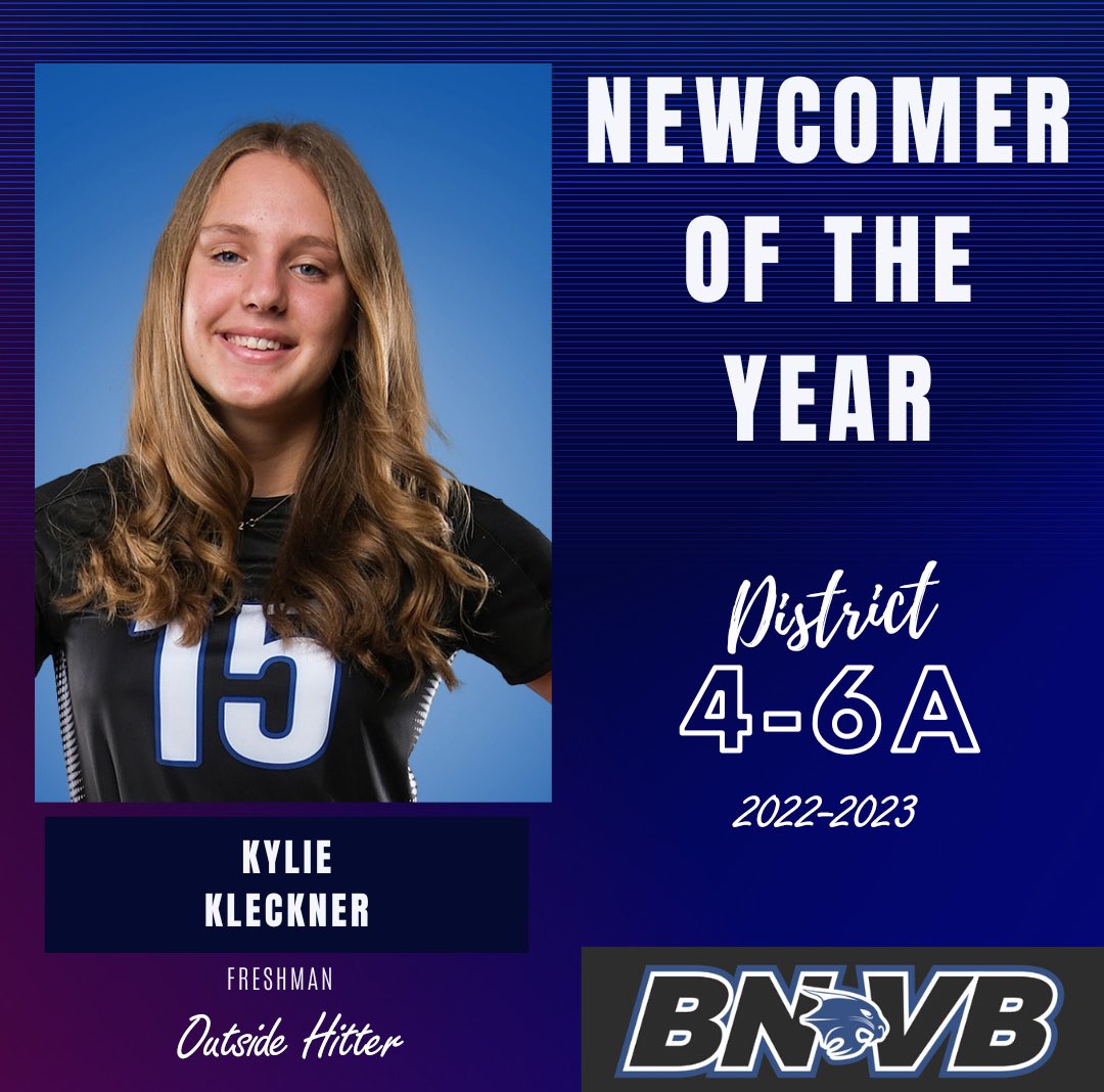 BNHSVBall's tweet photo. Congrats to Freshman Outside Hitter, Kylie Kleckner on district 4-6A Newcomer of the Year! https://t.co/ju3Ch6Kd3T