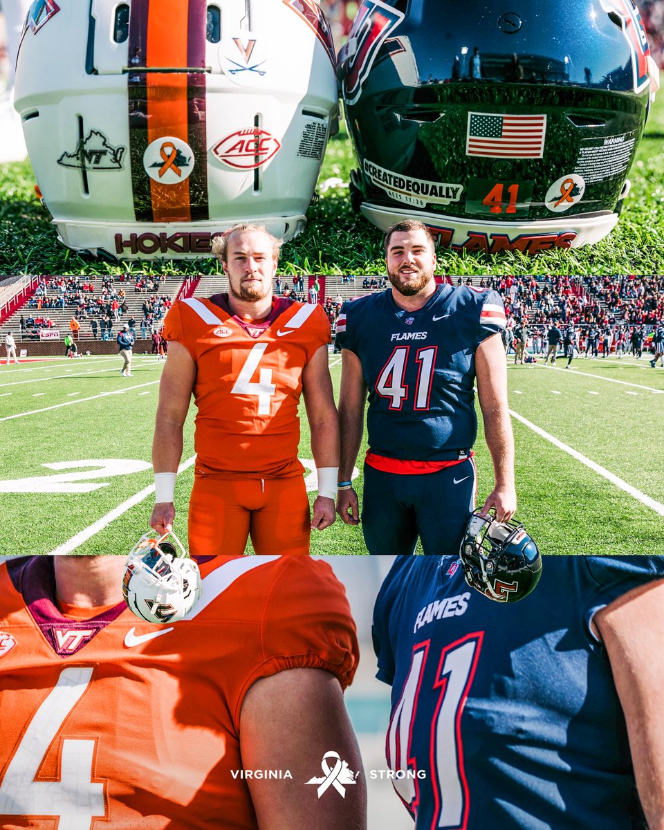 espn's tweet image. Virginia Tech and Liberty took the field in orange and navy in honor of UVA football players Lavel Davis Jr., Devin Chandler and D'Sean Perry 🧡 💙 

(via @LibertyFootball, @HokiesFB)