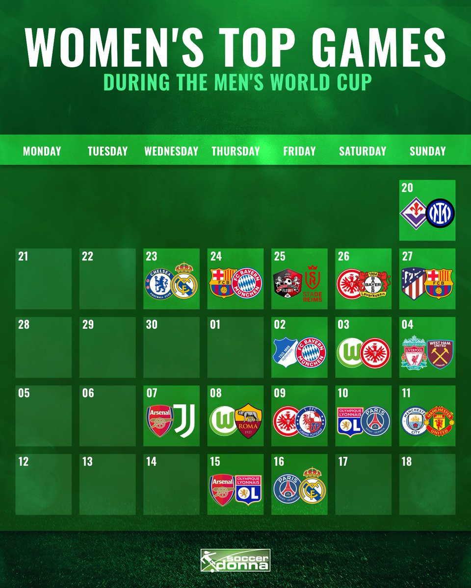 You don't want to watch the men's world cup, which starts tomorrow? Don't worry, there are plenty of women's football games in the next 4 weeks! 🙌🏻

#UWCL #DieLiga #LigaF #FAWSL #SerieAfemminile #FIFAWM