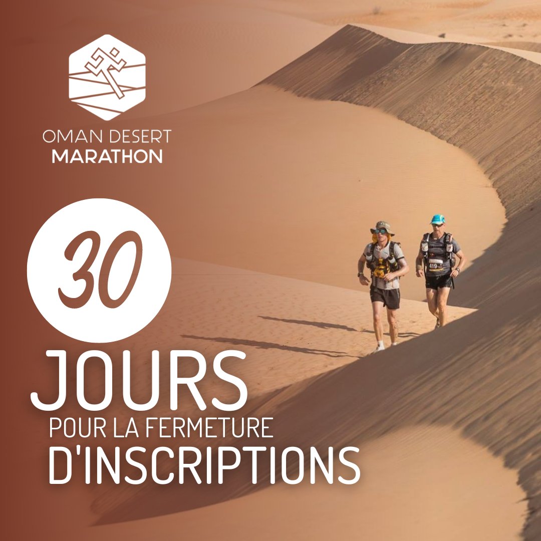 In ne reste qu’un mois pour s’inscrire à l’Oman Desert Marathon! 🚨

Acceptez le défi de 165 km pour le désert plus magique de la planète et réservez votre dossard dès notre site web. Prix fermé avec tous services inclus. 

📲 marathonoman.com

#ODM2023 #OmanDesertMarathon