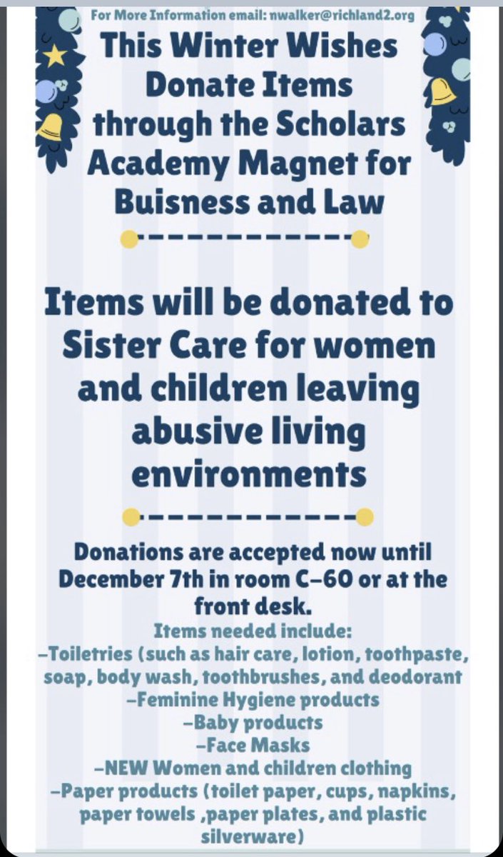 It’s that time of year! Please consider donating toiletries to Sister Care in C-60 as part of our <a href="/RichlandTwo/">Richland School District Two</a> <a href="/rvhs/">Ridge View High School: A Med Pro Magnet</a> Winter Wishes program. Travel sized is best. Contact nwalker@richland2.org with questions. <a href="/RidgeView_StuCo/">Ridge View StuCo</a>