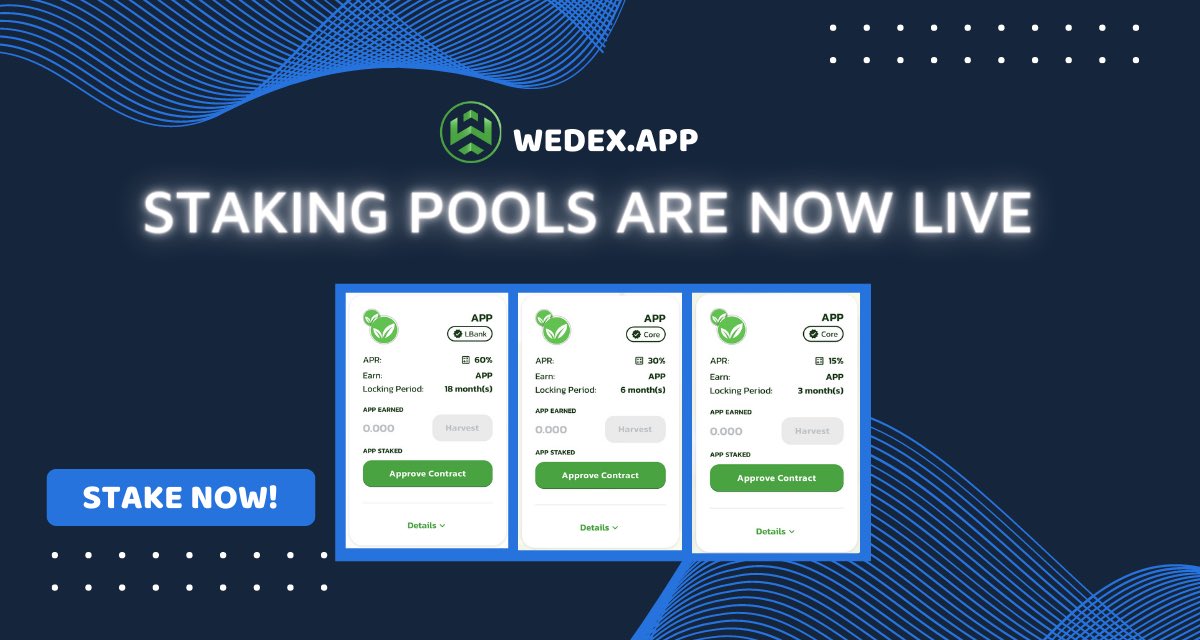 ✅WEDEX STAKING POOLS ARE NOW LIVE! ✅

Perfect time to get your $APP staked in Wedex pools and earn up to 15% — 60% APR! Be the one to join this staking program and enjoy these exclusive benefits.

👉STAKE NOW: wedex.app/pools