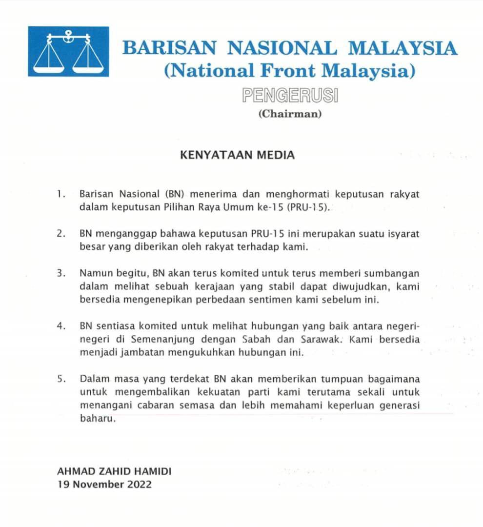 Zahid Hamidi issues a statement, saying BN accepts and respects the election result, saying that it is a “major signal” from the people towards the coalition.