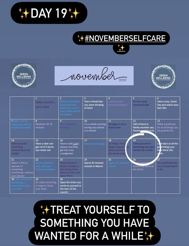 ✨Day 19- treat yourself to something you’ve wanted for a while! You deserve it!✨
Whether it’s a festive drink,a gift for yourself or something to do this weekend,treat yourself! ✨
#novemberselfcare #selfcarechallenge #saturdayselfcare #selfcare #weekendvibes #treatyourself