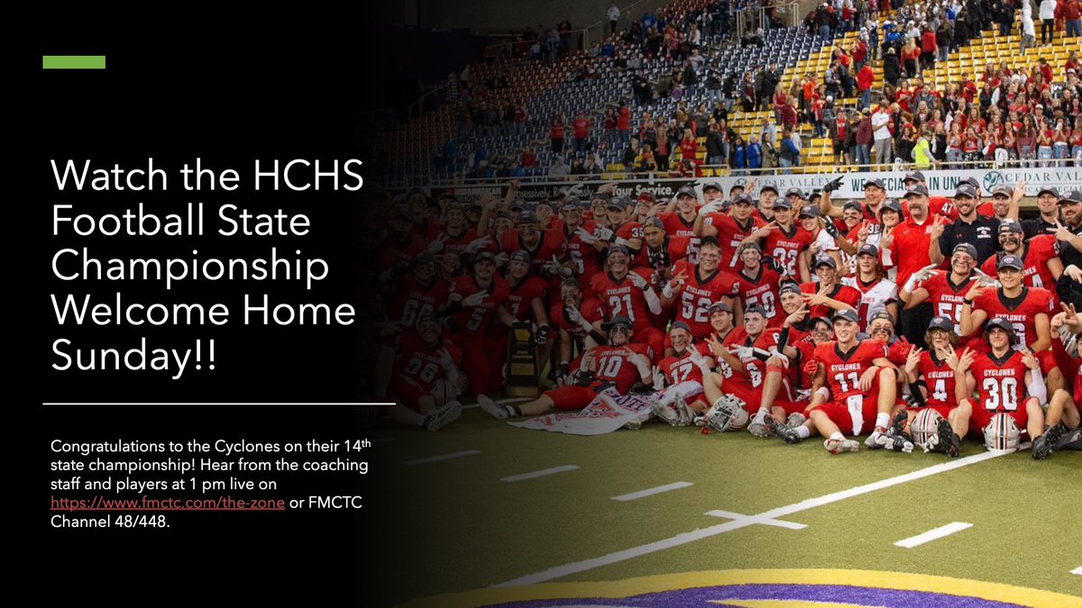 MattGubbels1's tweet photo. Watch the State Championship Welcome Home tomorrow at 1 pm live on https://t.co/RX3ijYDsom or FMCTC Channel 48/448.

@HCHSWeightroom @HCSDActivities @hcsdcyclones @AirKohorst @sambrummer https://t.co/VJHmT33xhB