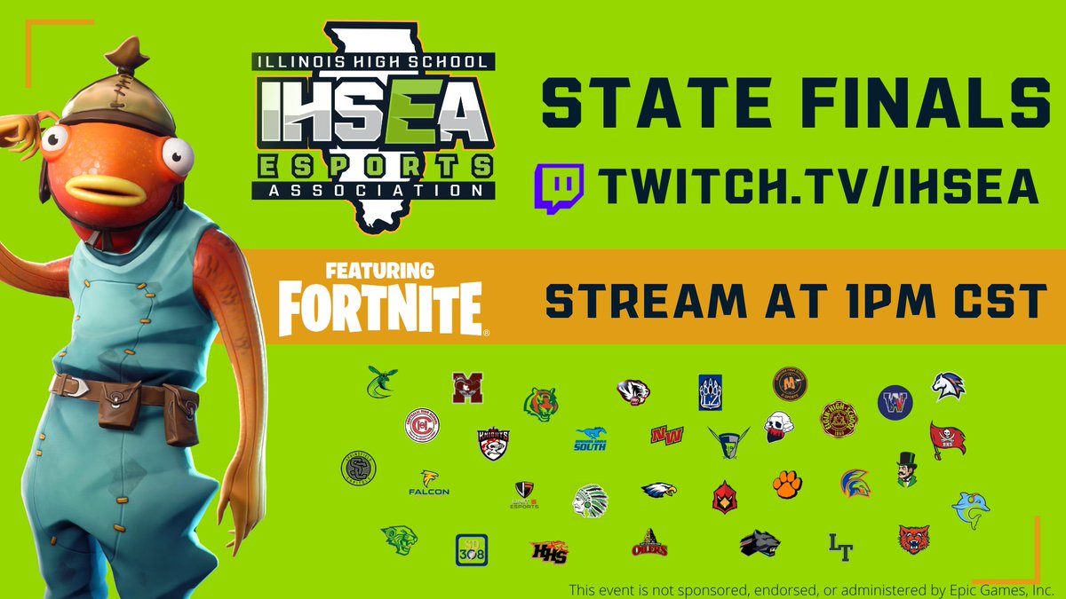 IT IS FORTNITE FINALS DAY!

Check out this graphic of all of the teams participating in the 2022 IHSEA State Finals Match featuring <a href="/FortniteGame/">FortniteGame</a>!

Stream is live at 1:00PM CST featuring broadcast talent from <a href="/capitolsesports/">Springfield Capitols</a> on Twitch/IHSEA 

 #IHSEA #esports #esportsedu