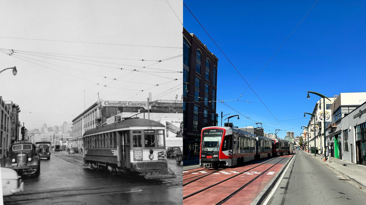 chrisarvinsf's tweet photo. left: last day of @SFMTA_Muni rail service on 4th st, 1951

right: first day of @SFMTA_Muni rail service on 4th st, 2022

4th &amp; townsend https://t.co/kyMV1Il8gJ
