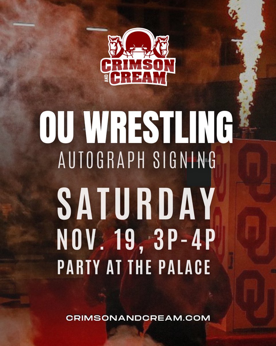 DarrienRoberts_'s tweet photo. Hey Sooner Nation‼️ Be sure to come out to the Party at the Palace before the game today from 3-4pm! I will be signing autographs ✍️ with @ou_wrestling! And all @CrimsonCreamNIL subscribers get priority line access! Sign up here 🔗➡️ https://t.co/jVfaRE5FHD https://t.co/oznYGD2GnL