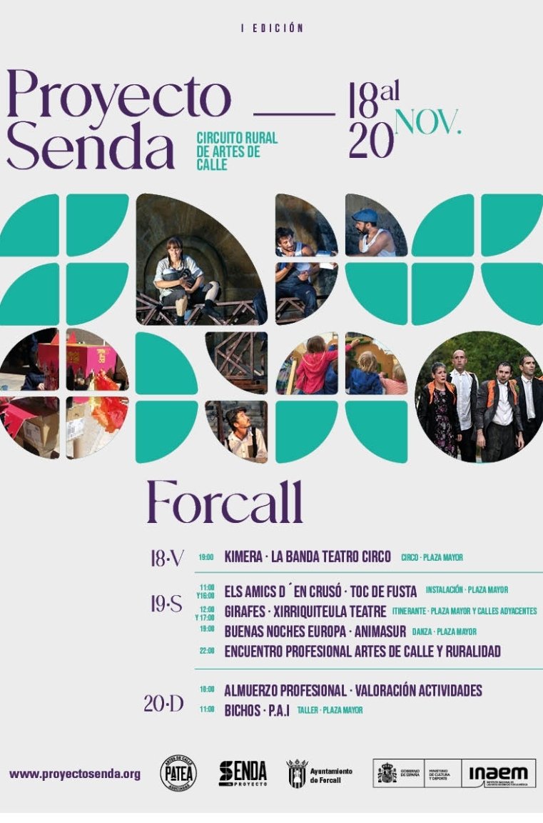 xirriquiteula's tweet photo. Muy felices de estar programados con #JIRAFAS en el ESTRENO de  #SENDA Circuito Rural de Artes de Calle. Hoy en #ElForcall. 
Organizado por la Asoc. Prof. Artes de Calle @pateacalle1 y con el apoyo de @INAEM_Cultura
Compartiendo cartel con @PaiTeatro @TocDeFusta @CAUanimasur https://t.co/9FAjcLgp4i