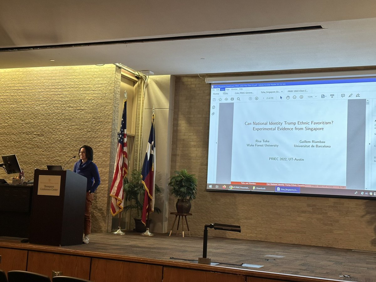 Angela X. Ocampo (@angelaxocampo) on Twitter photo And to send us off until the next PRIEC is @risa_toha showcasing her new research w/ G. Riambau on national identity & ethnic favoritism. Super interesting findings on how important class is in altruistic behavior among Singaporeans. #PRIEC2022 #UTPriec <a href="/prelabutexas/">PRE (Politics of Race and Ethnicity) Lab</a> <a href="/WeArePRIEC/">PRIEC Meeting</a> And to send us off until the next PRIEC is @risa_toha showcasing her new research w/ G. Riambau on national identity & ethnic favoritism. Super interesting findings on how important class is in altruistic behavior among Singaporeans. #PRIEC2022 #UTPriec <a href="/prelabutexas/">PRE (Politics of Race and Ethnicity) Lab</a> <a href="/WeArePRIEC/">PRIEC Meeting</a>