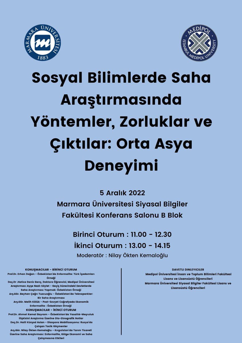Merhaba, sınav sonrası için çok güzel bir etkinlik duyurumuz var. Bölüm hocalarımızdan Nilay Ökten Kemaloğlu moderatörlüğünde gerçekleşecek olan etkinlikte bölüm başkanımız Erhan Doğan ve hocalarımız Orta Asya üzerine olan tecrübelerini bizlerle paylaşacaklar. Herkesi bekleriz!💫