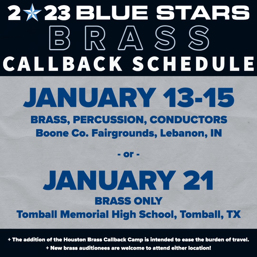 TheBlueStars's tweet photo. As we begin 2023 Auditions this weekend, be sure to check out the Winter Camp and Callback Schedules. We can't wait to get started and to meet the 2023 Blue Stars Drum & Bugle Corps!
https://t.co/tCSAiu20et
#fco2023 #bluestarsdbc https://t.co/n9HyBGea5V