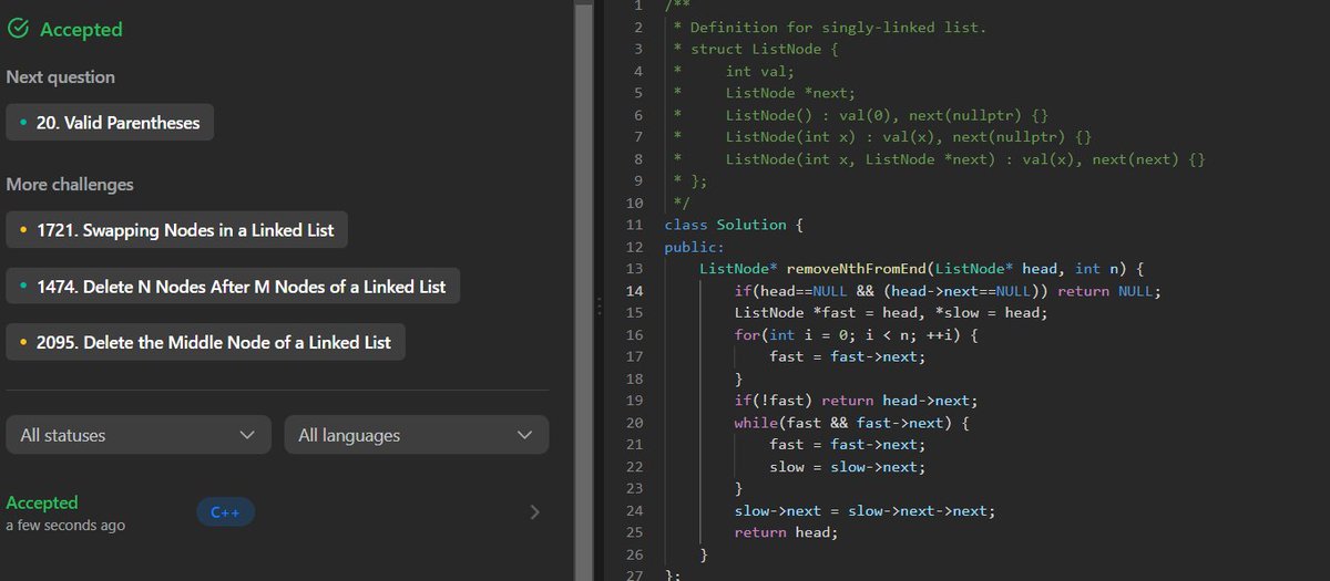 Kunjika_9's tweet photo. Day 40:
Problem: Remove nth node from end of the list
#60daysofgrowth #GirlsWhoCode #60daysofcoding
#leetcode https://t.co/fa6pQz00X8